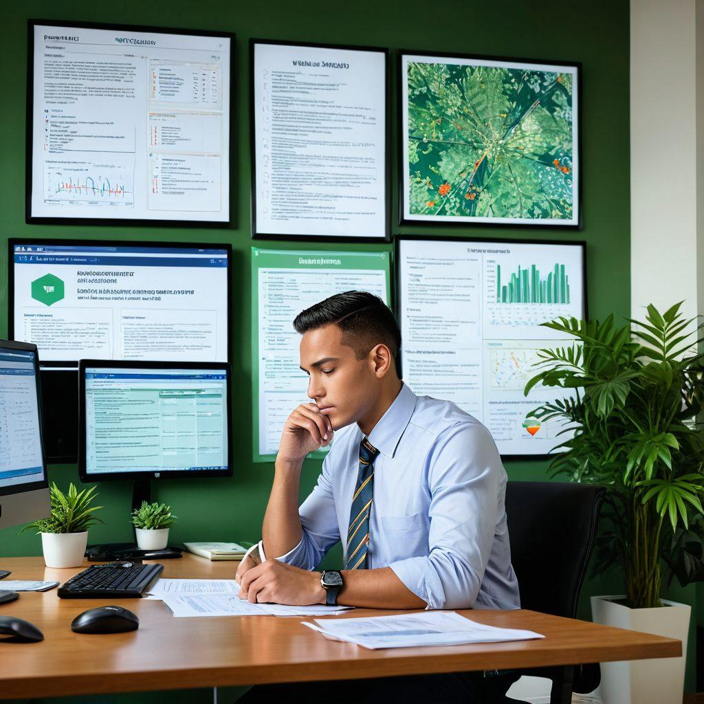 A thoughtful individual sitting at a desk, reviewing a document titled 'Health Insurance & Leave Rights', with a computer screen displaying charts related to job security. In the background, a serene office environment filled with plants and motivational posters about employee rights. The image should include warm lighting to convey a sense of security and hope. super-realistic. vibrant colors. inviting atmosphere.