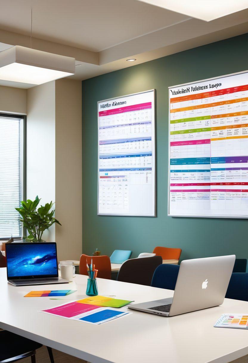 A vibrant office environment showcasing diverse employees happily discussing health benefits and leave policies around a modern conference table. Incorporate elements like a laptop displaying a benefits guide, a calendar filled with days marked for vacation, and health posters on the walls. The atmosphere should be positive and collaborative. super-realistic. vibrant colors. soft lighting.