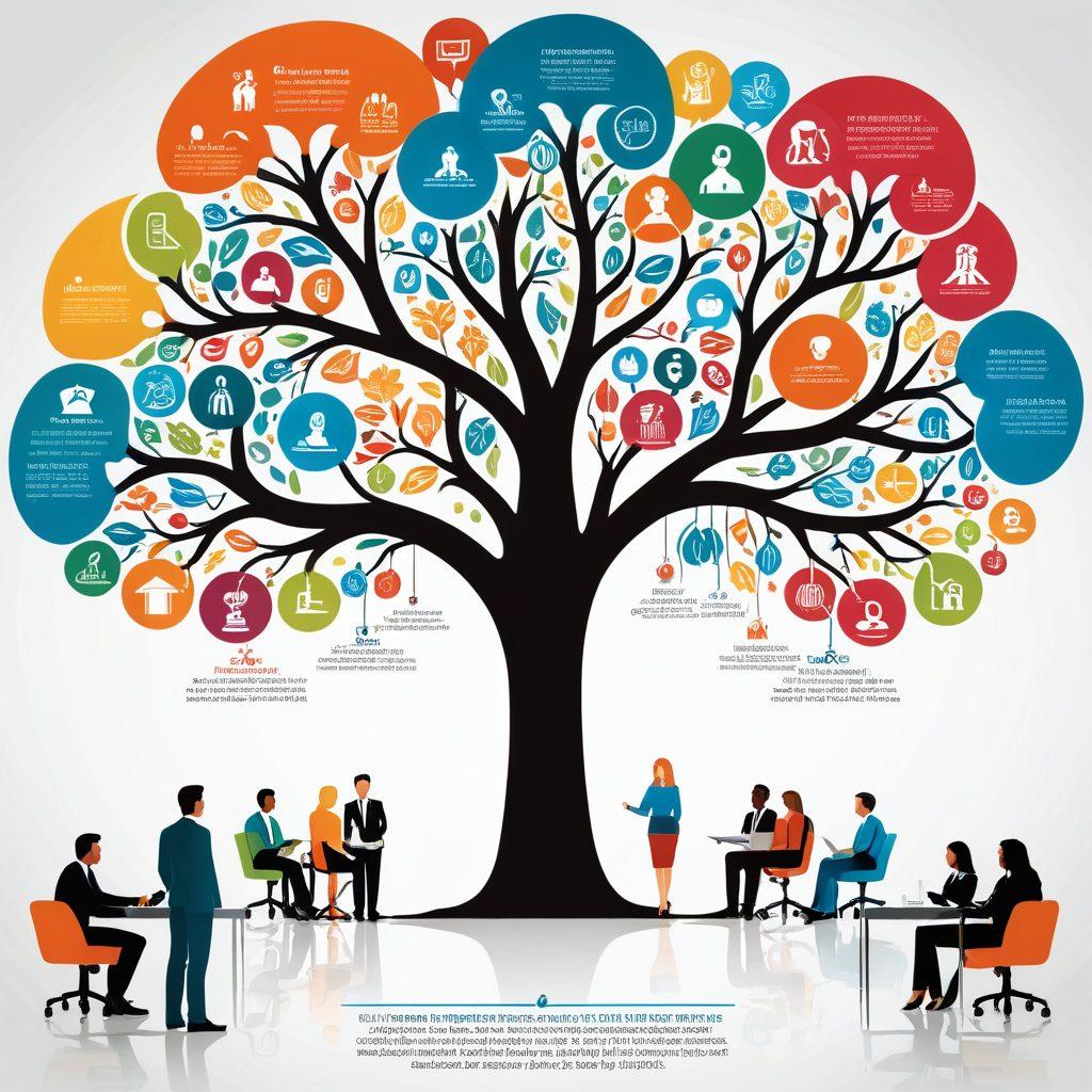 An illustrated infographic showcasing a diverse group of employees understanding their rights, with visual elements representing family, medical leave, and health insurance benefits. Include symbols like family trees, medical icons, and legal scales. The background should be vibrant, emphasizing harmony and support in the workplace. Incorporate a modern, clean layout. vector art. vibrant colors. white background.